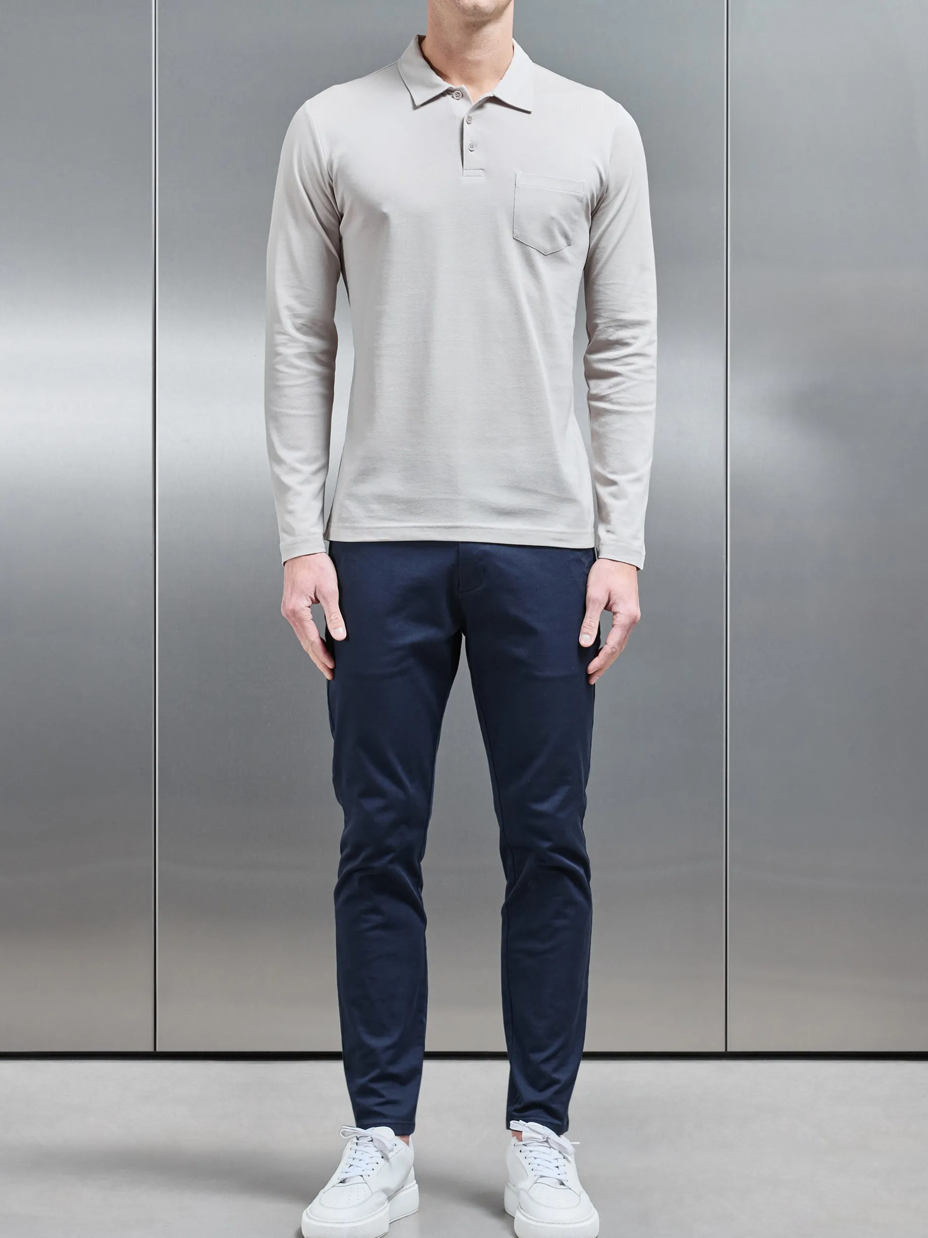 Mercerised Pique Long Sleeve Button Polo Shirt - Stone