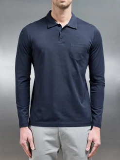 Mercerised Pique Long Sleeve Button Polo Shirt - Navy
