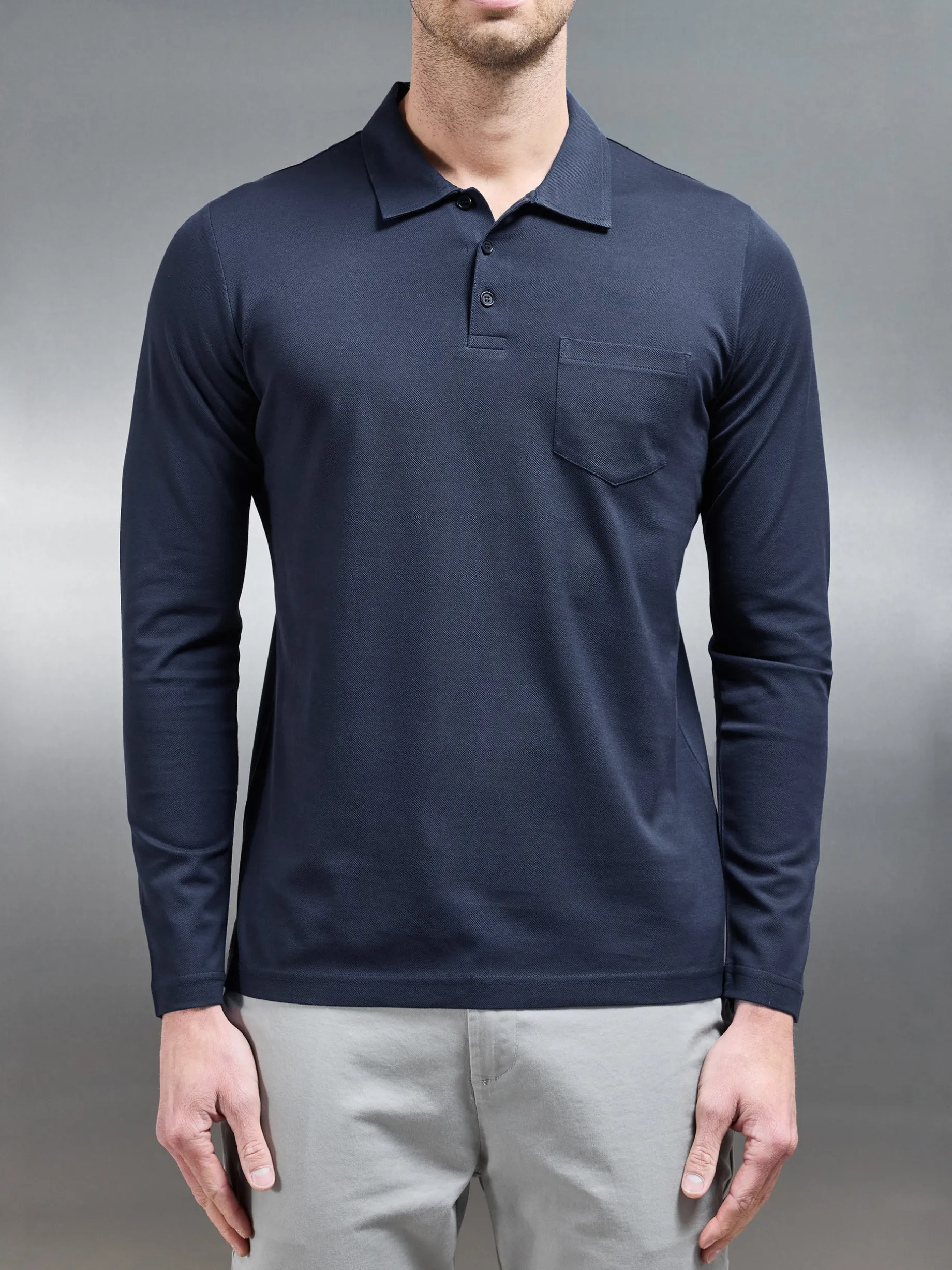 Mercerised Pique Long Sleeve Button Polo Shirt - Navy
