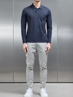 Mercerised Pique Long Sleeve Button Polo Shirt - Navy