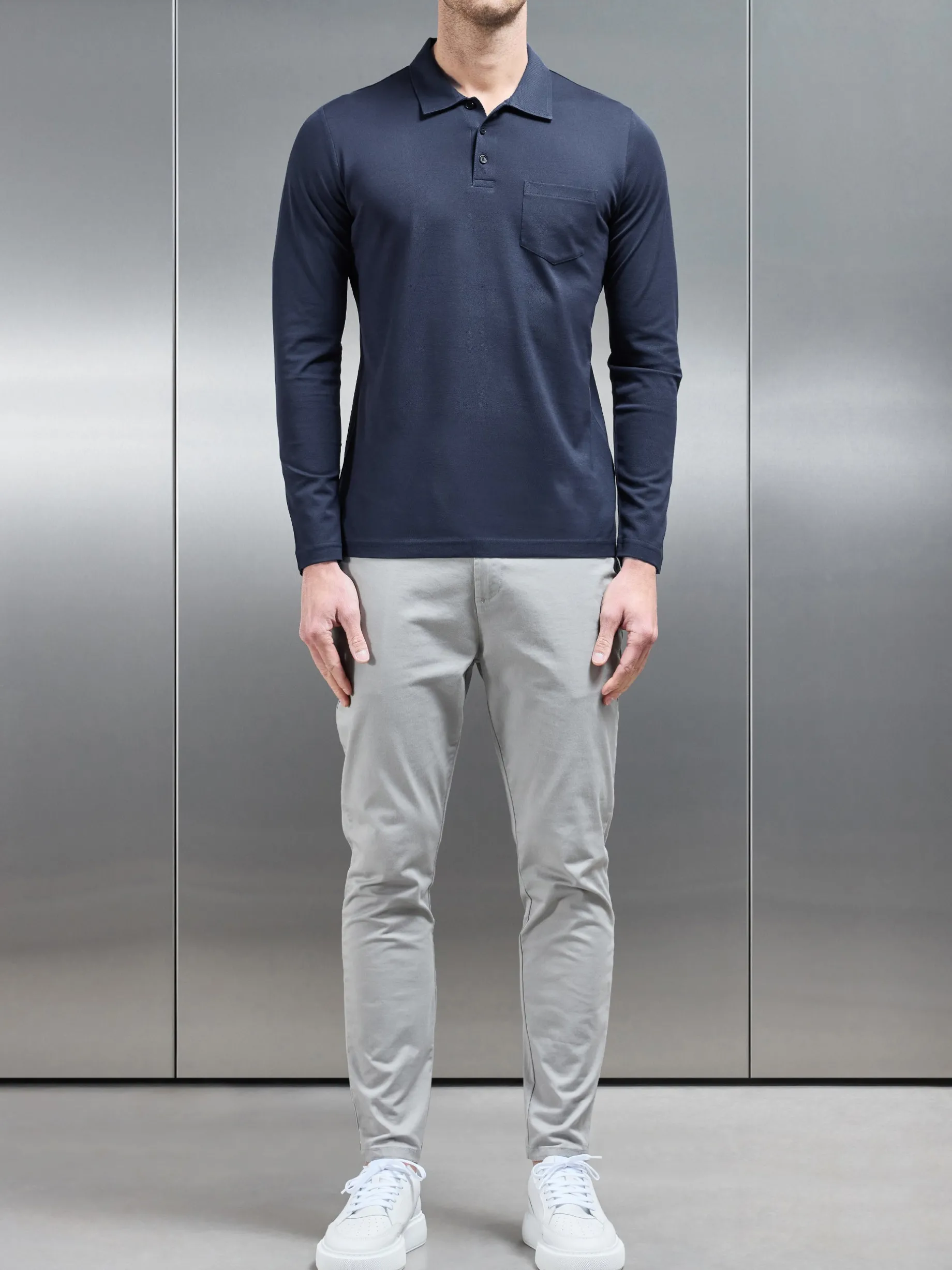 Mercerised Pique Long Sleeve Button Polo Shirt - Navy