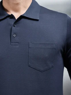 Mercerised Pique Long Sleeve Button Polo Shirt - Navy