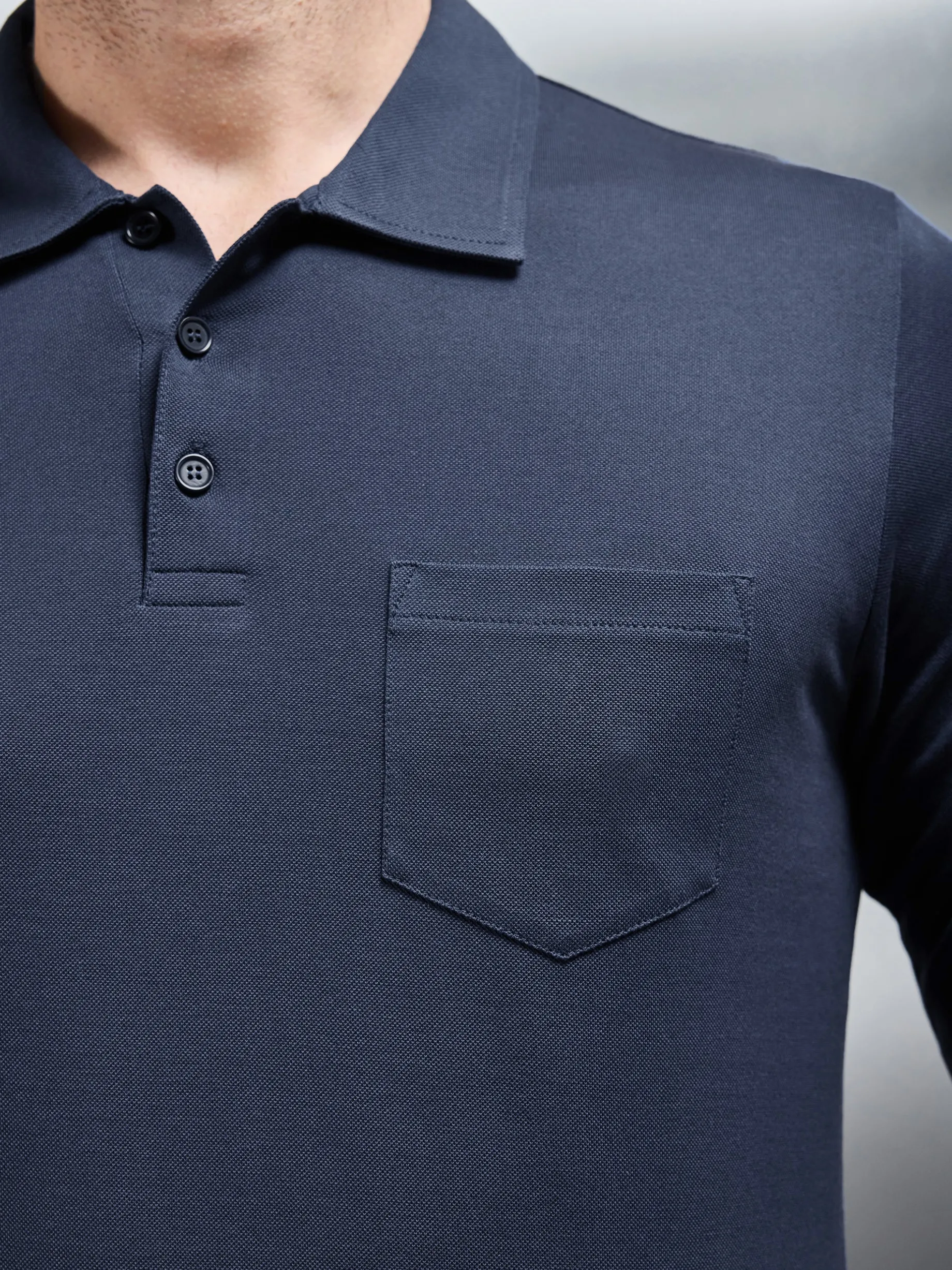 Mercerised Pique Long Sleeve Button Polo Shirt - Navy