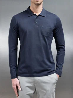 Mercerised Pique Long Sleeve Button Polo Shirt - Navy