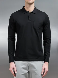 Mercerised Pique Long Sleeve Button Polo Shirt - Black