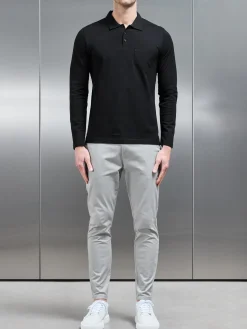 Mercerised Pique Long Sleeve Button Polo Shirt - Black