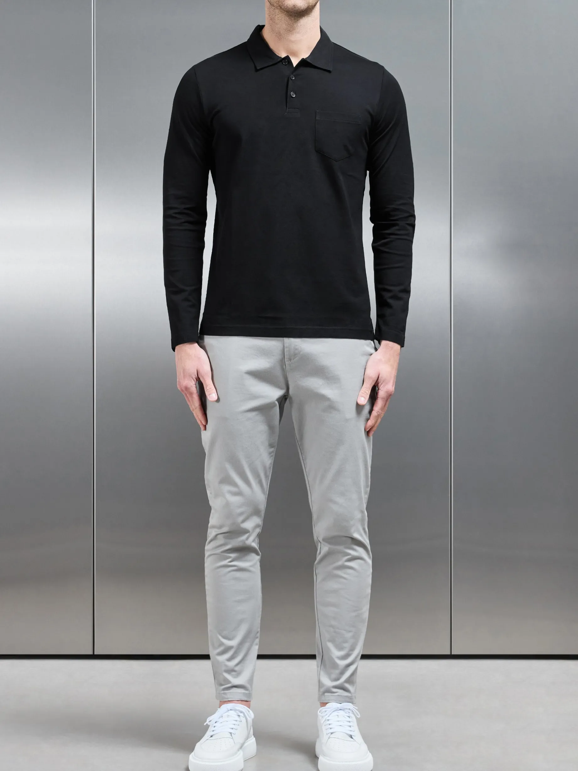 Mercerised Pique Long Sleeve Button Polo Shirt - Black
