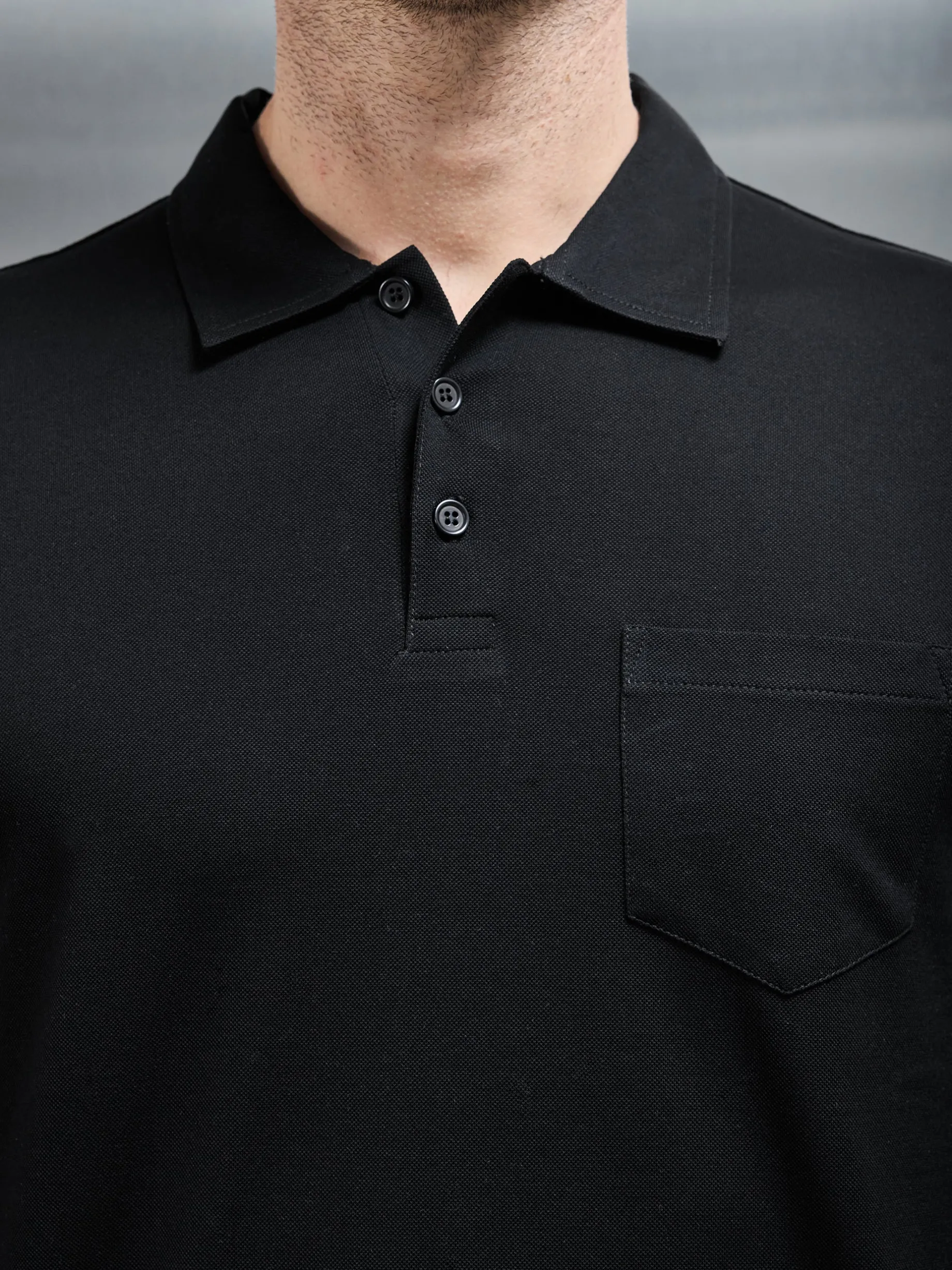 Mercerised Pique Long Sleeve Button Polo Shirt - Black