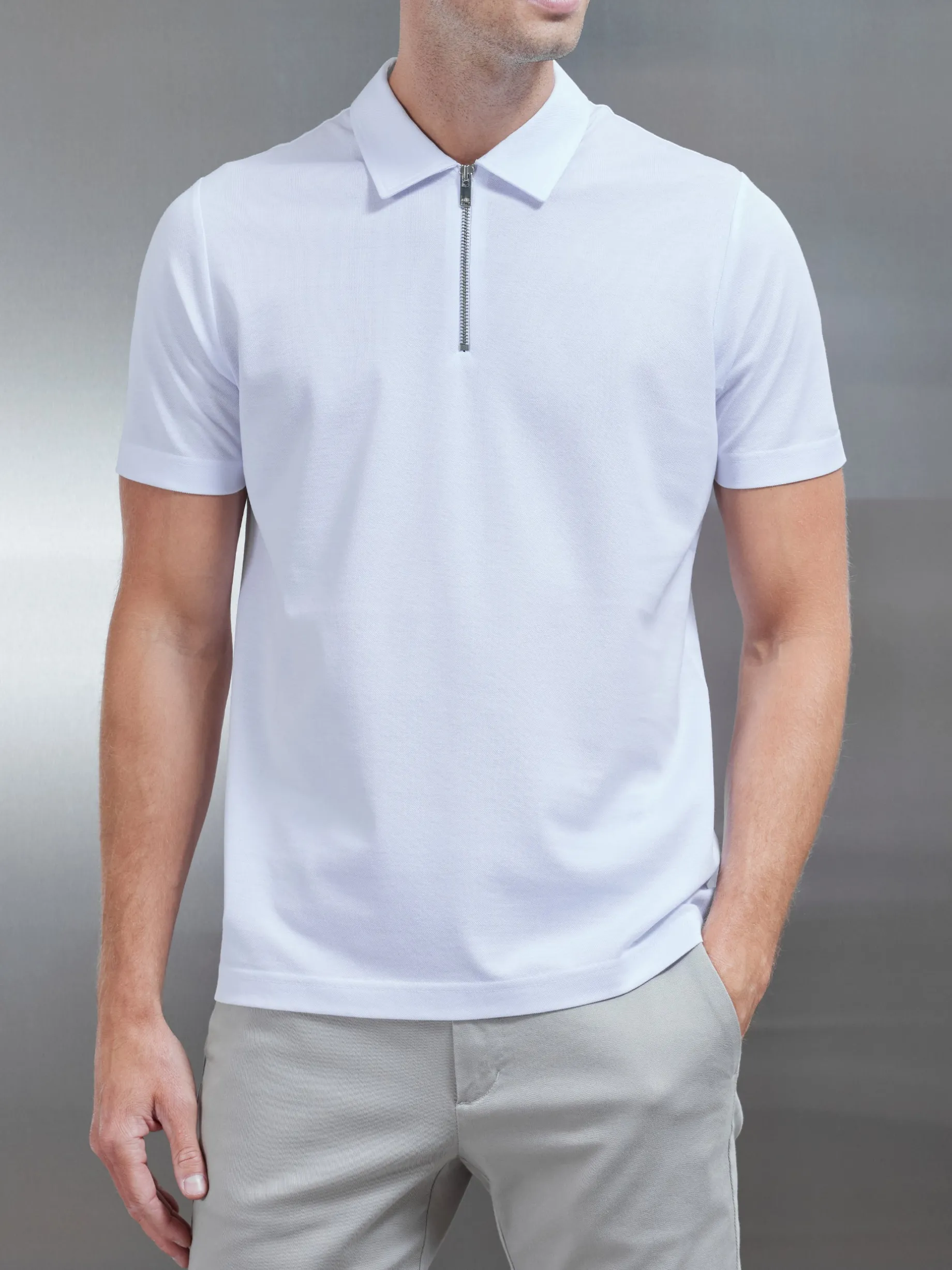 Mercerised Pique Zip Polo Shirt - White