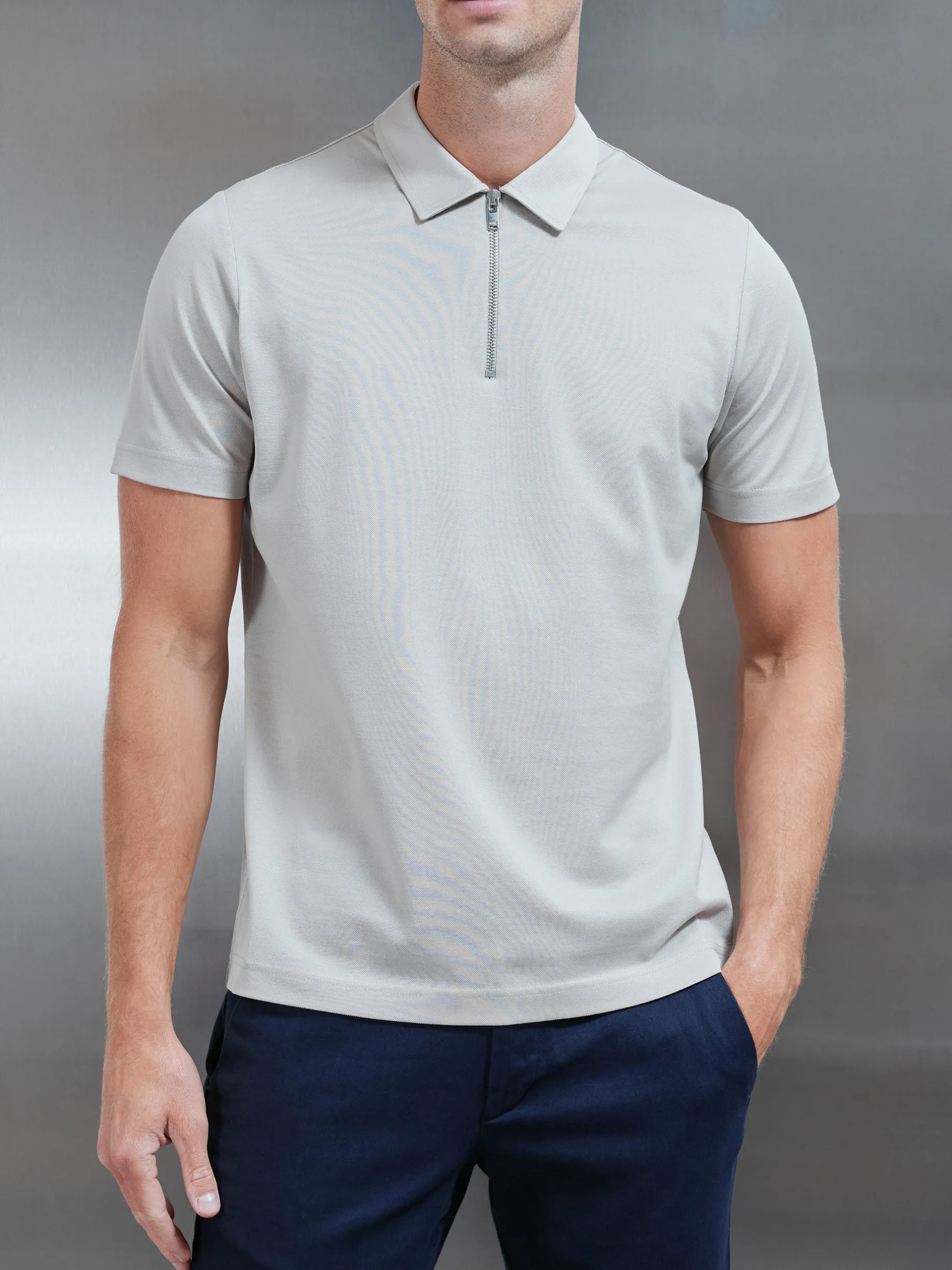 Mercerised Pique Zip Polo Shirt - Stone