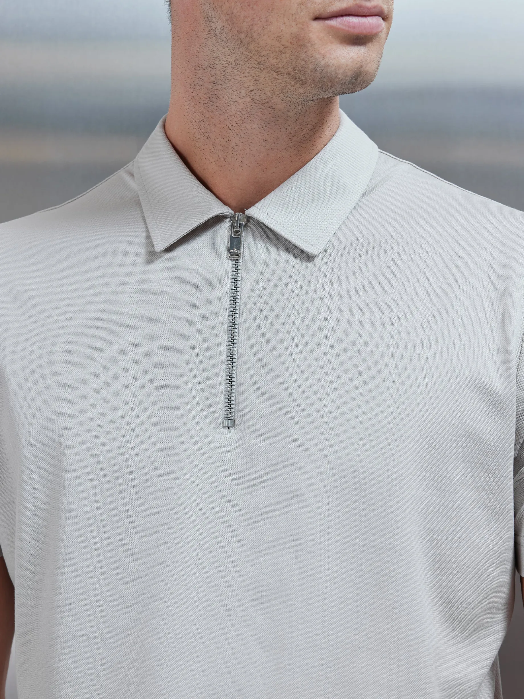 Mercerised Pique Zip Polo Shirt - Stone