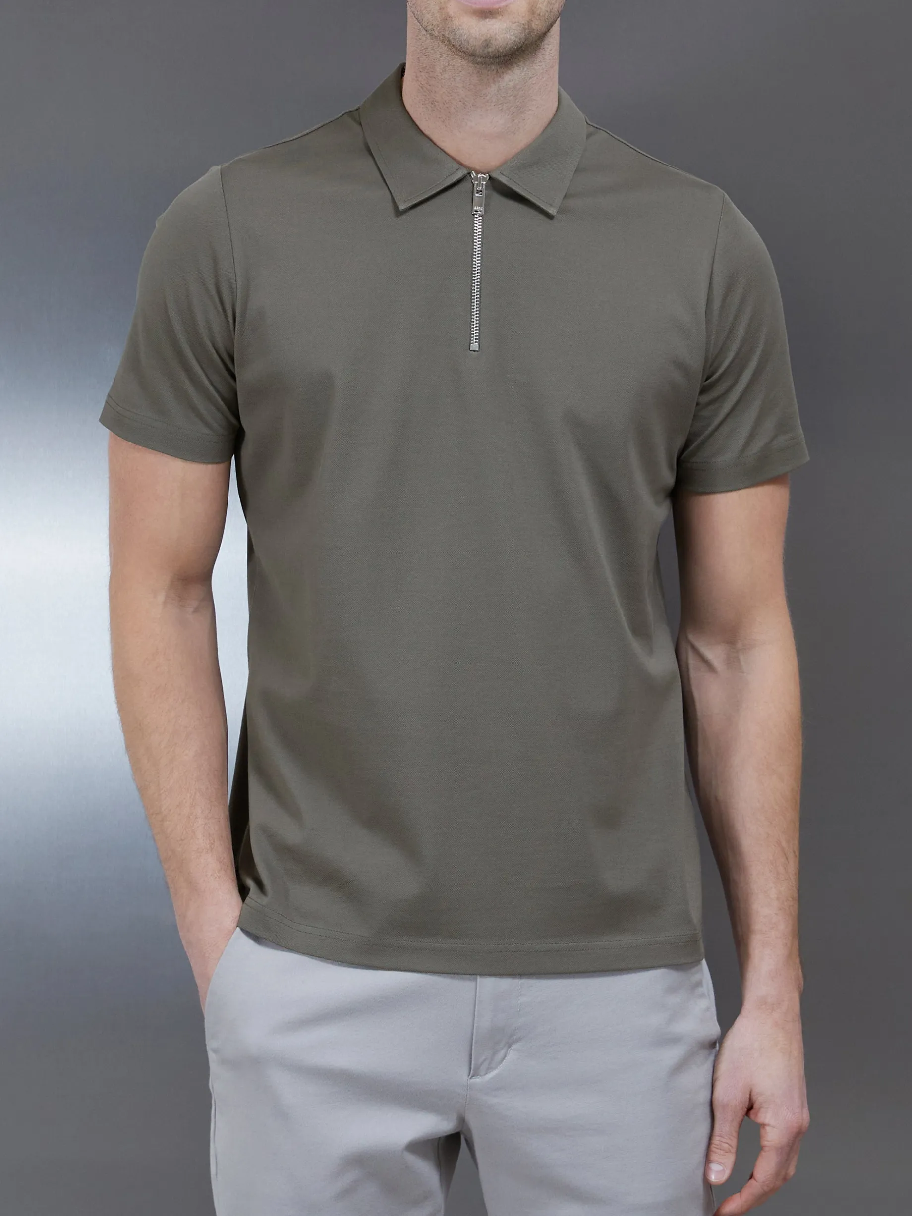 Mercerised Pique Zip Polo Shirt - Sage