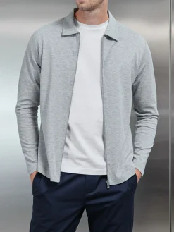 Mercerised Pique Zip Through Jacket - Marl Grey
