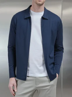 Mercerised Pique Zip Through Jacket - Navy