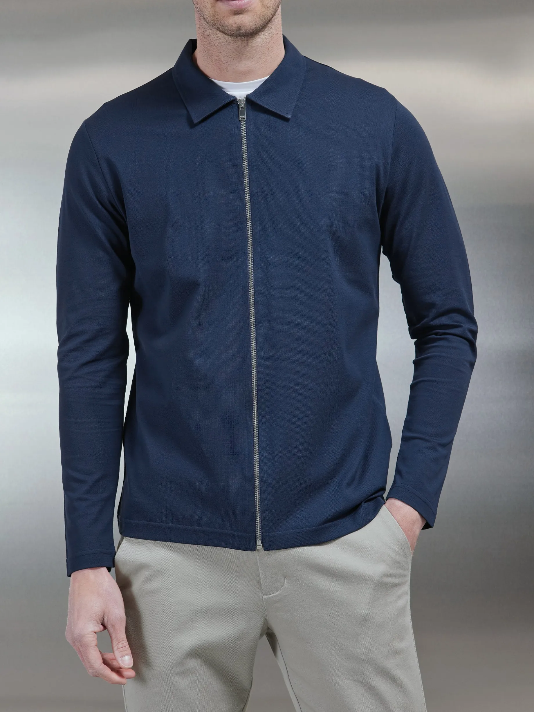 Mercerised Pique Zip Through Jacket - Navy