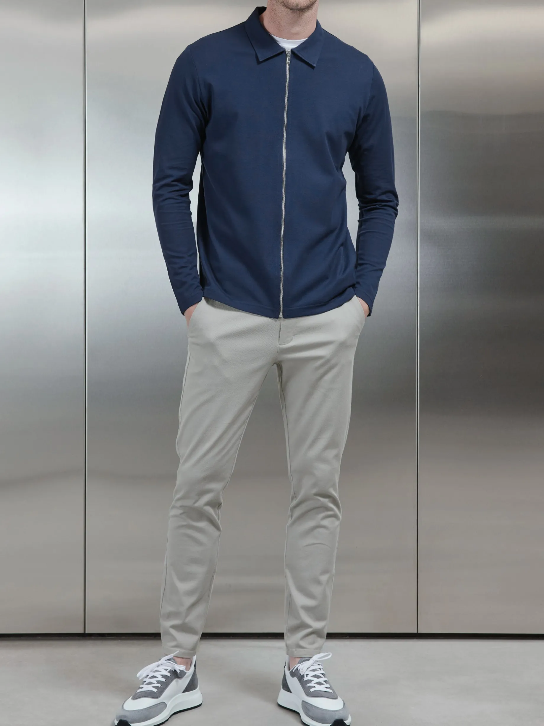 Mercerised Pique Zip Through Jacket - Navy
