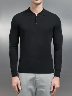 Merino Wool Long Sleeve Button Polo Shirt - Black