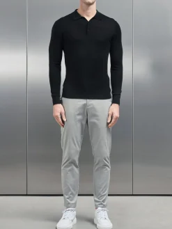 Merino Wool Long Sleeve Button Polo Shirt - Black