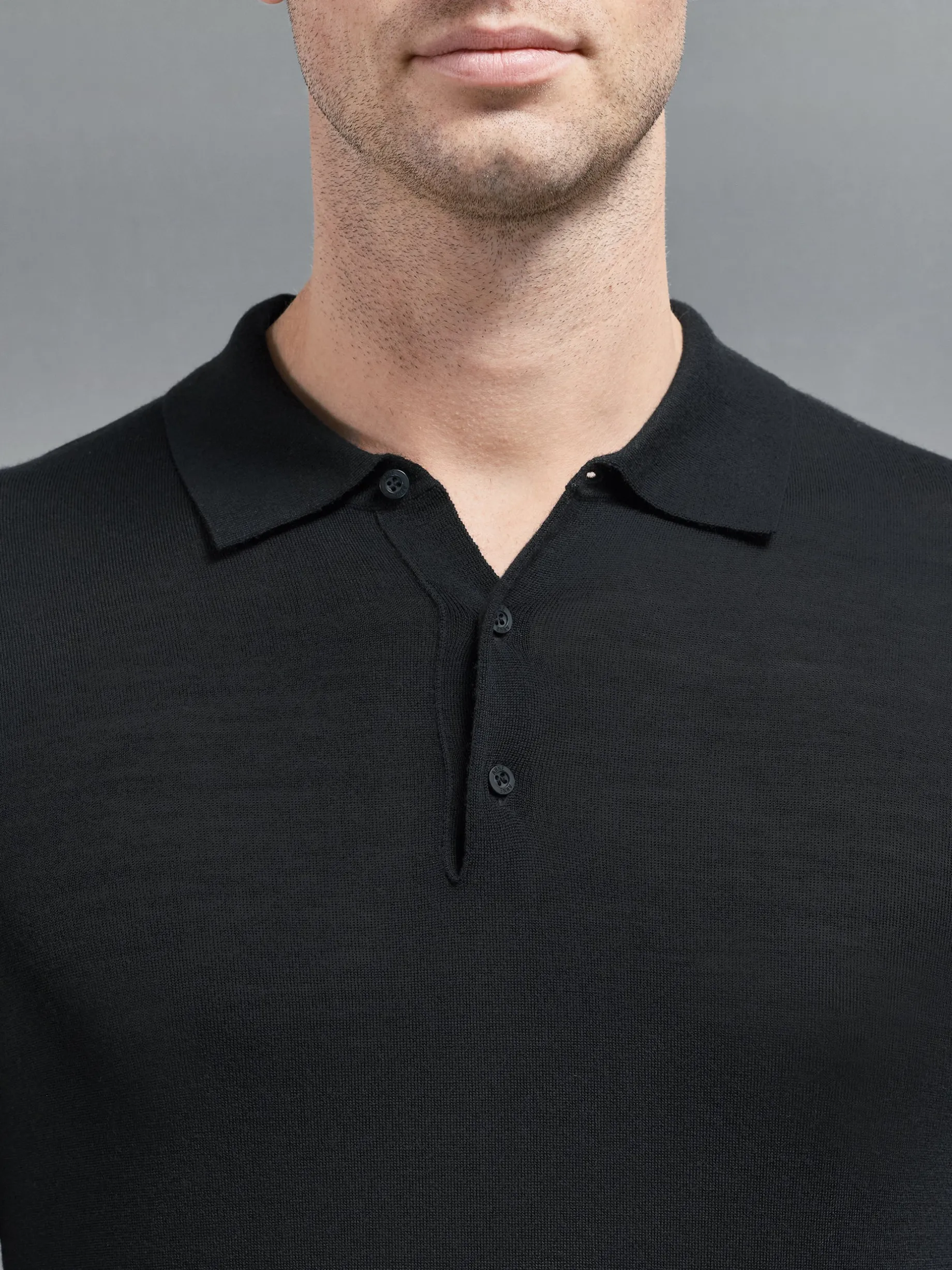 Merino Wool Long Sleeve Button Polo Shirt - Black
