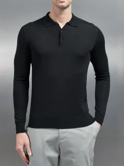 Merino Wool Long Sleeve Button Polo Shirt - Black