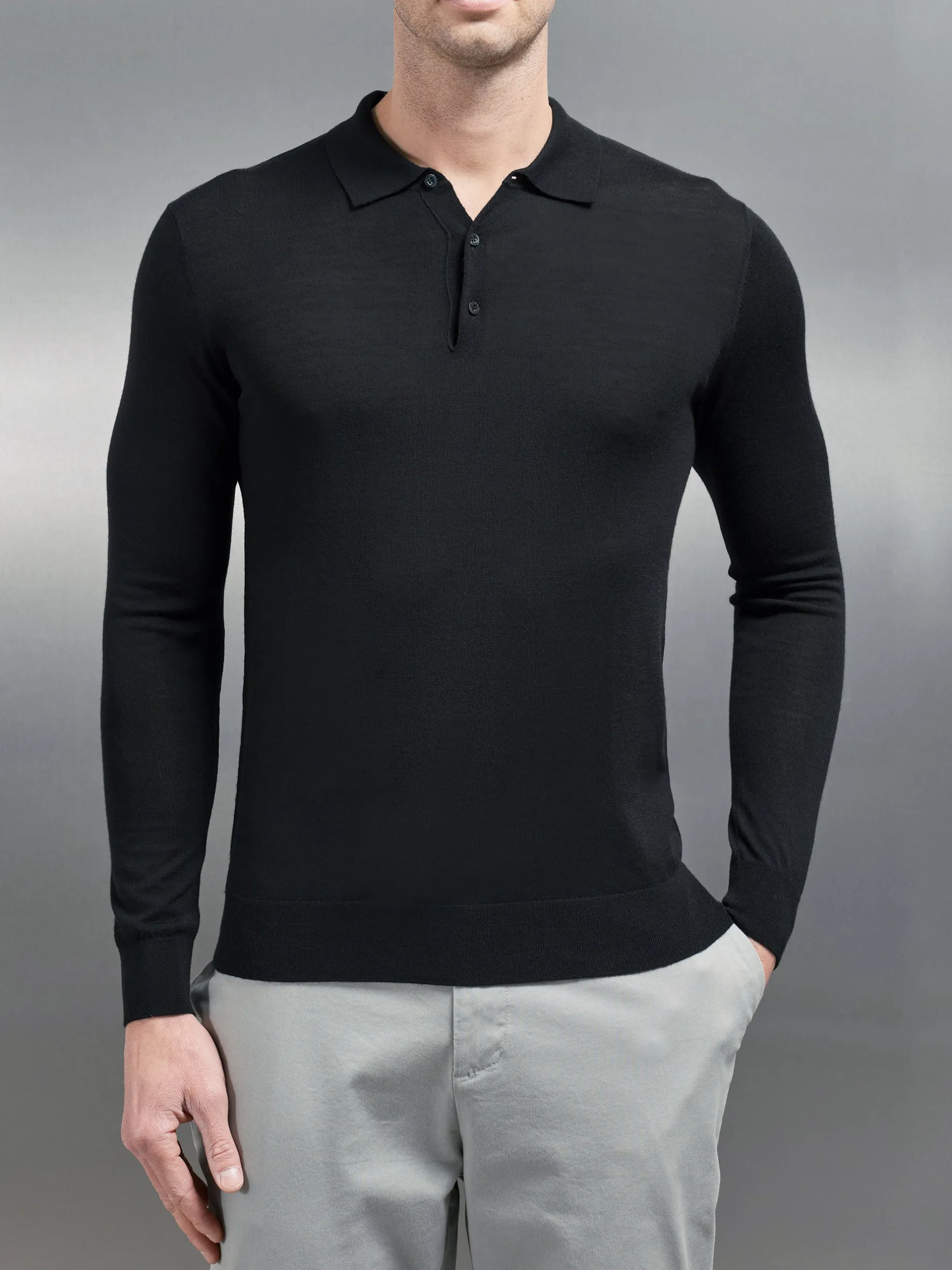 Merino Wool Long Sleeve Button Polo Shirt - Black
