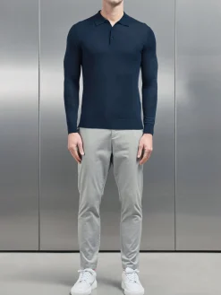 Merino Wool Long Sleeve Button Polo Shirt - Navy