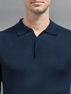 Merino Wool Long Sleeve Button Polo Shirt - Navy