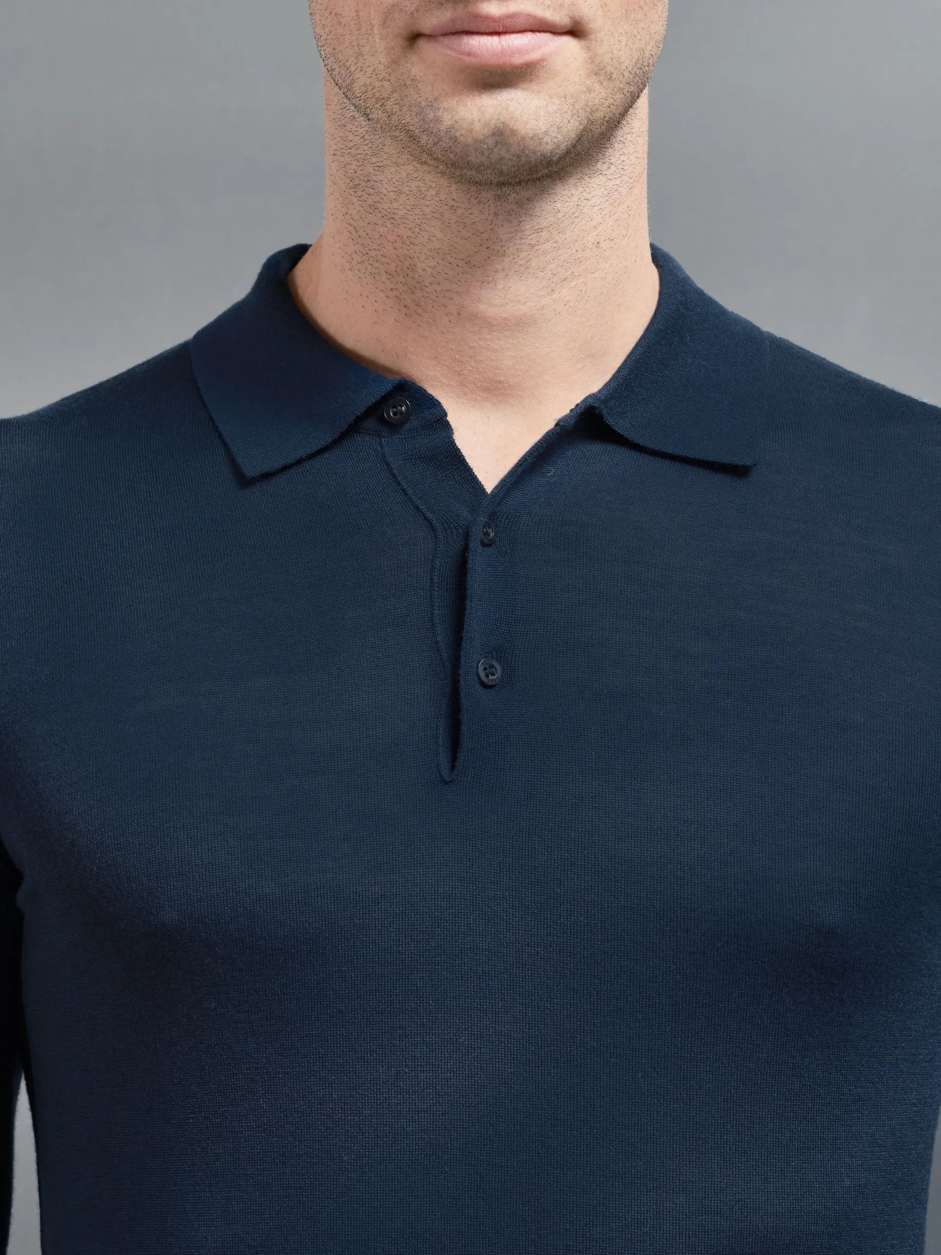 Merino Wool Long Sleeve Button Polo Shirt - Navy