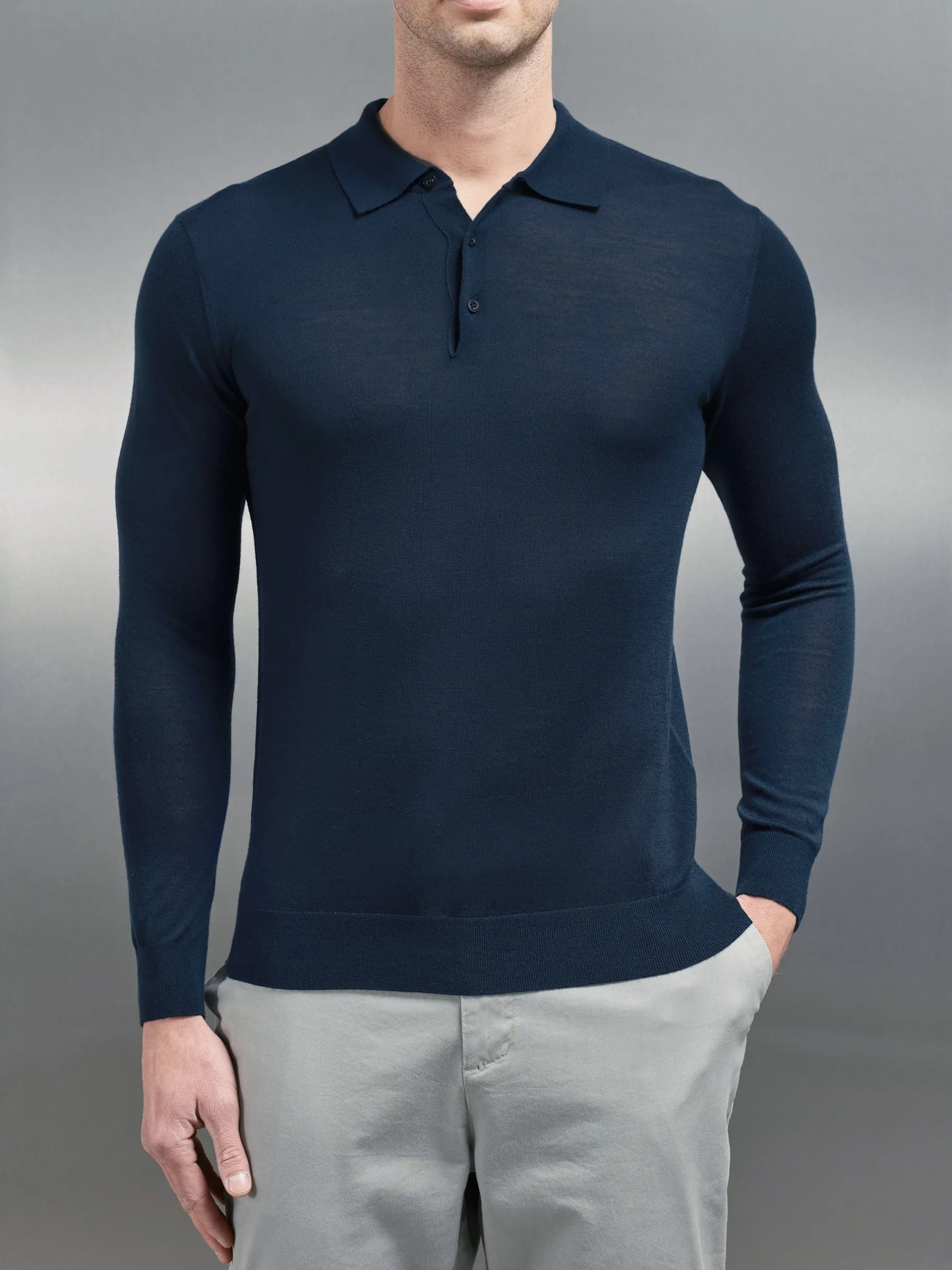 Merino Wool Long Sleeve Button Polo Shirt - Navy