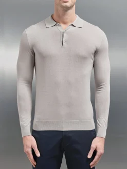 Merino Wool Long Sleeve Button Polo Shirt - Stone