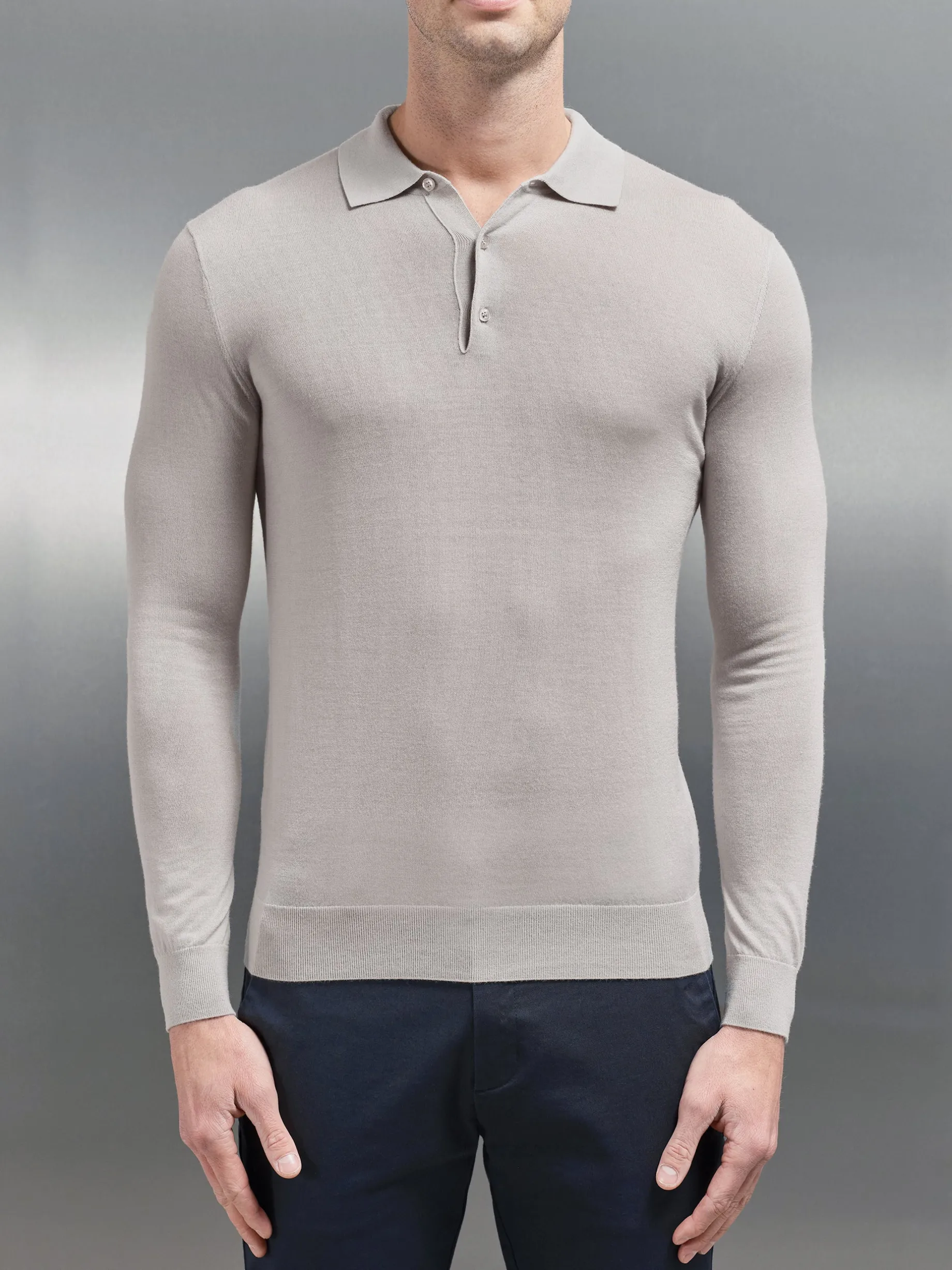 Merino Wool Long Sleeve Button Polo Shirt - Stone