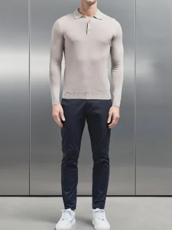 Merino Wool Long Sleeve Button Polo Shirt - Stone