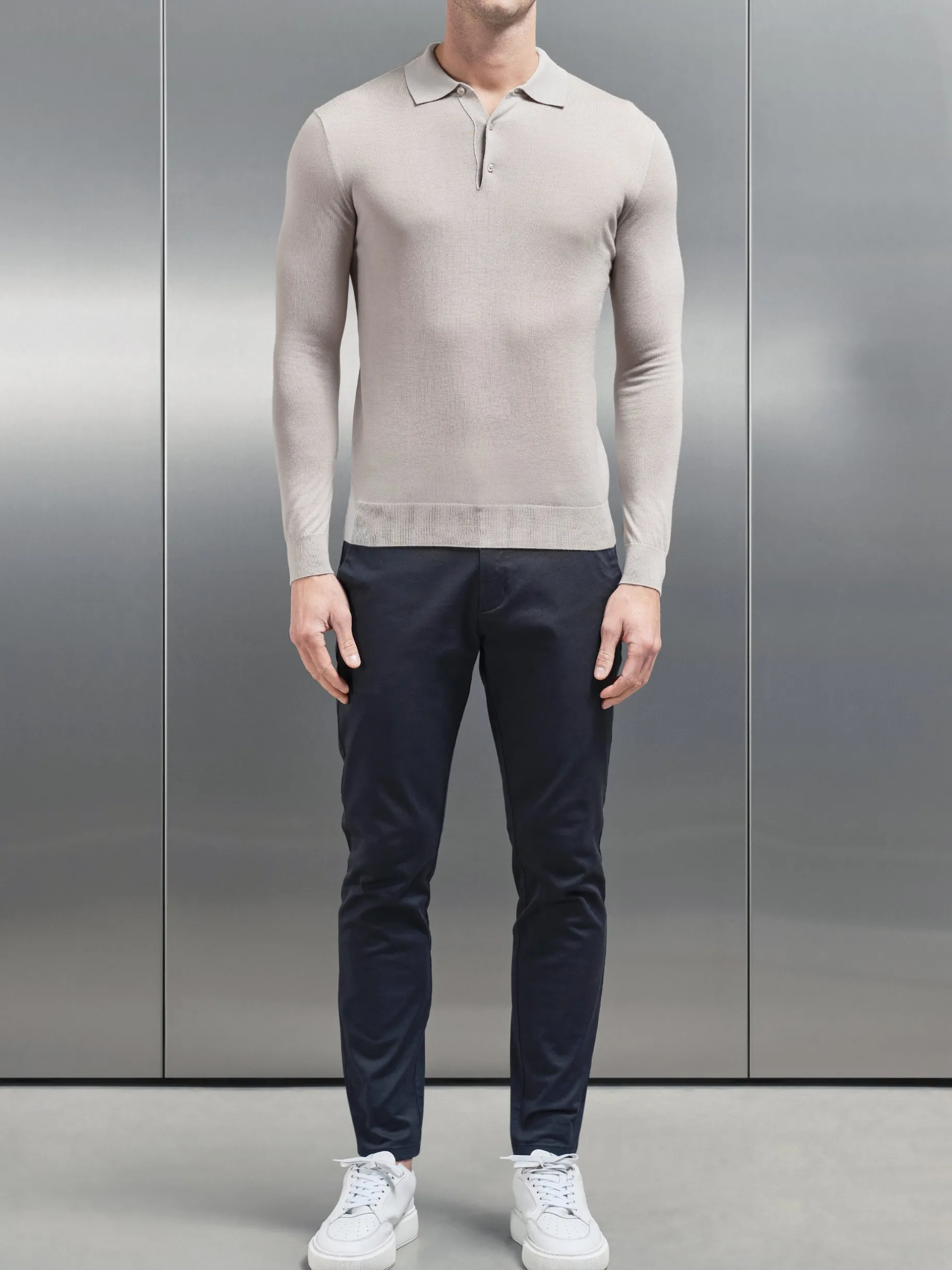 Merino Wool Long Sleeve Button Polo Shirt - Stone