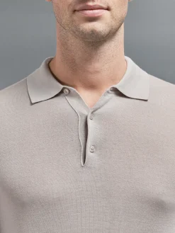 Merino Wool Long Sleeve Button Polo Shirt - Stone