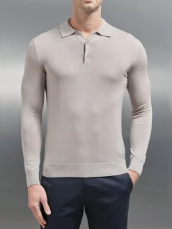 Merino Wool Long Sleeve Button Polo Shirt - Stone