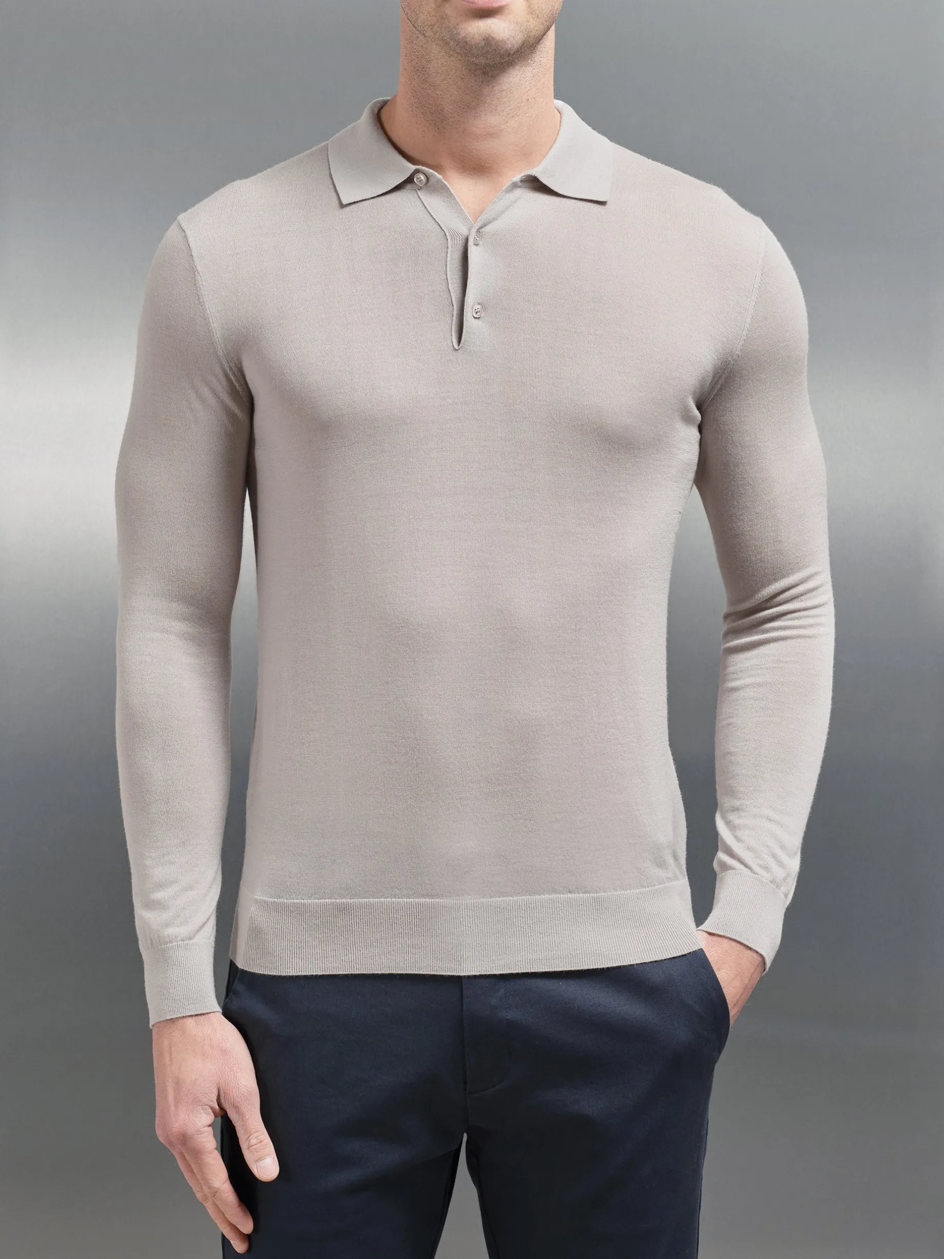 Merino Wool Long Sleeve Button Polo Shirt - Stone