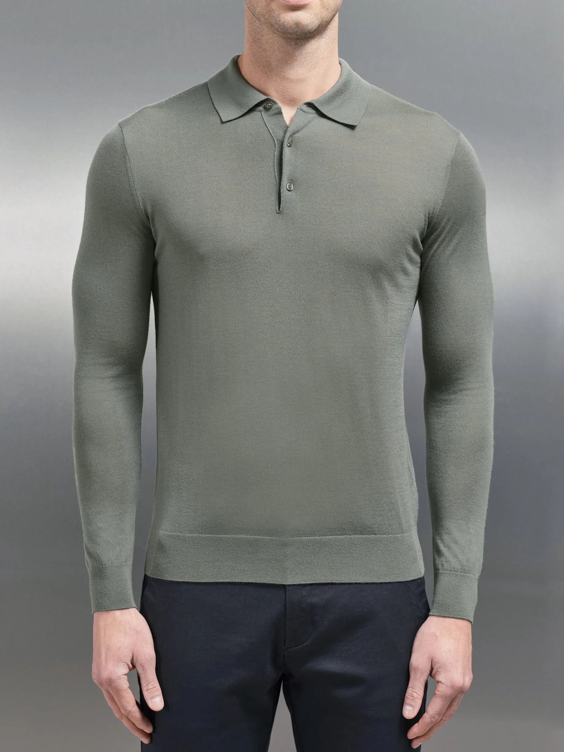 Merino Wool Long Sleeve Button Polo Shirt - Sage