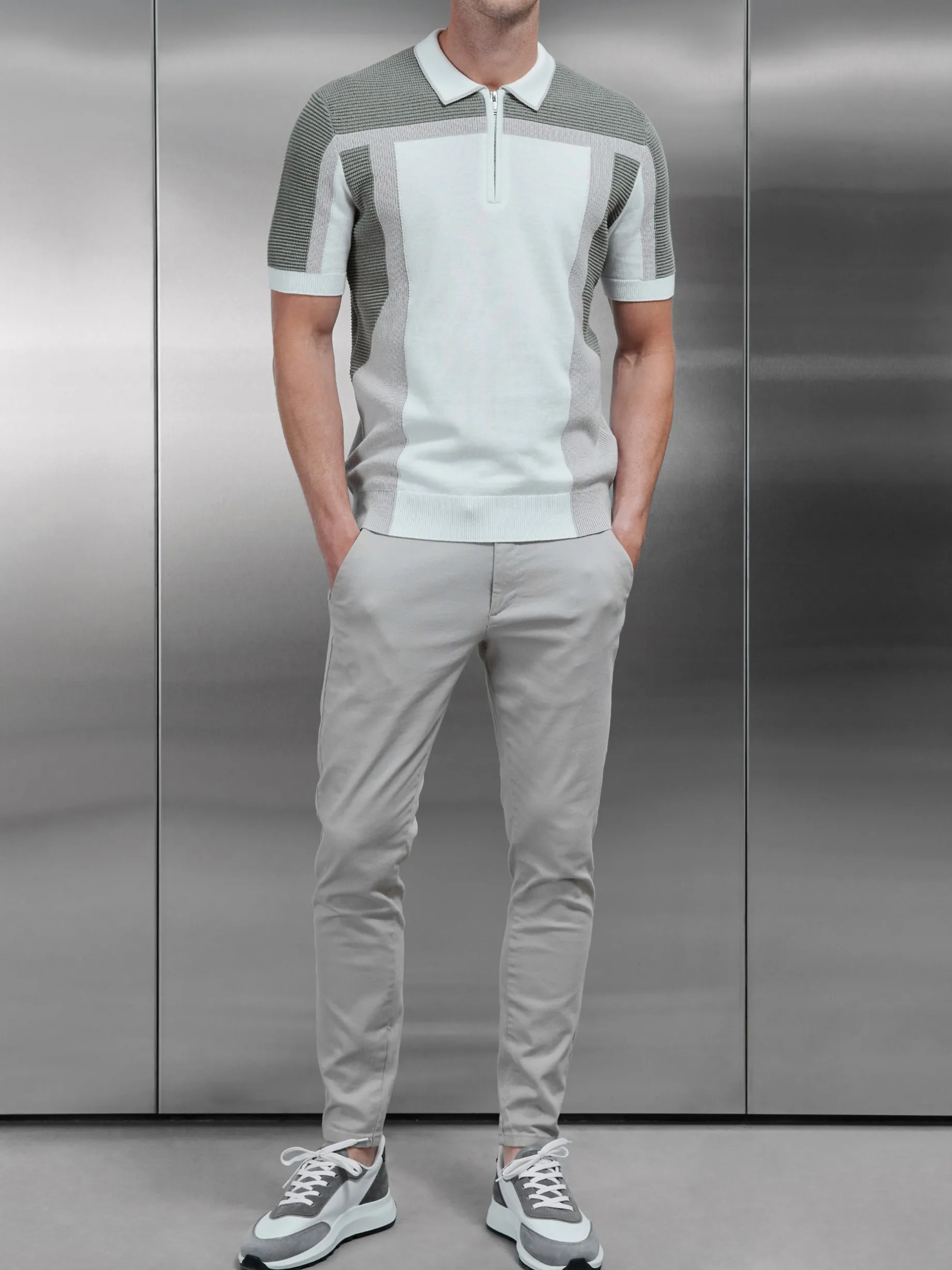 Panel Colour Block Knitted Zip Polo Shirt - Sage
