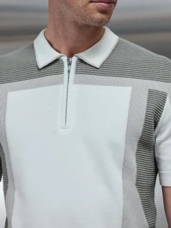 Panel Colour Block Knitted Zip Polo Shirt - Sage