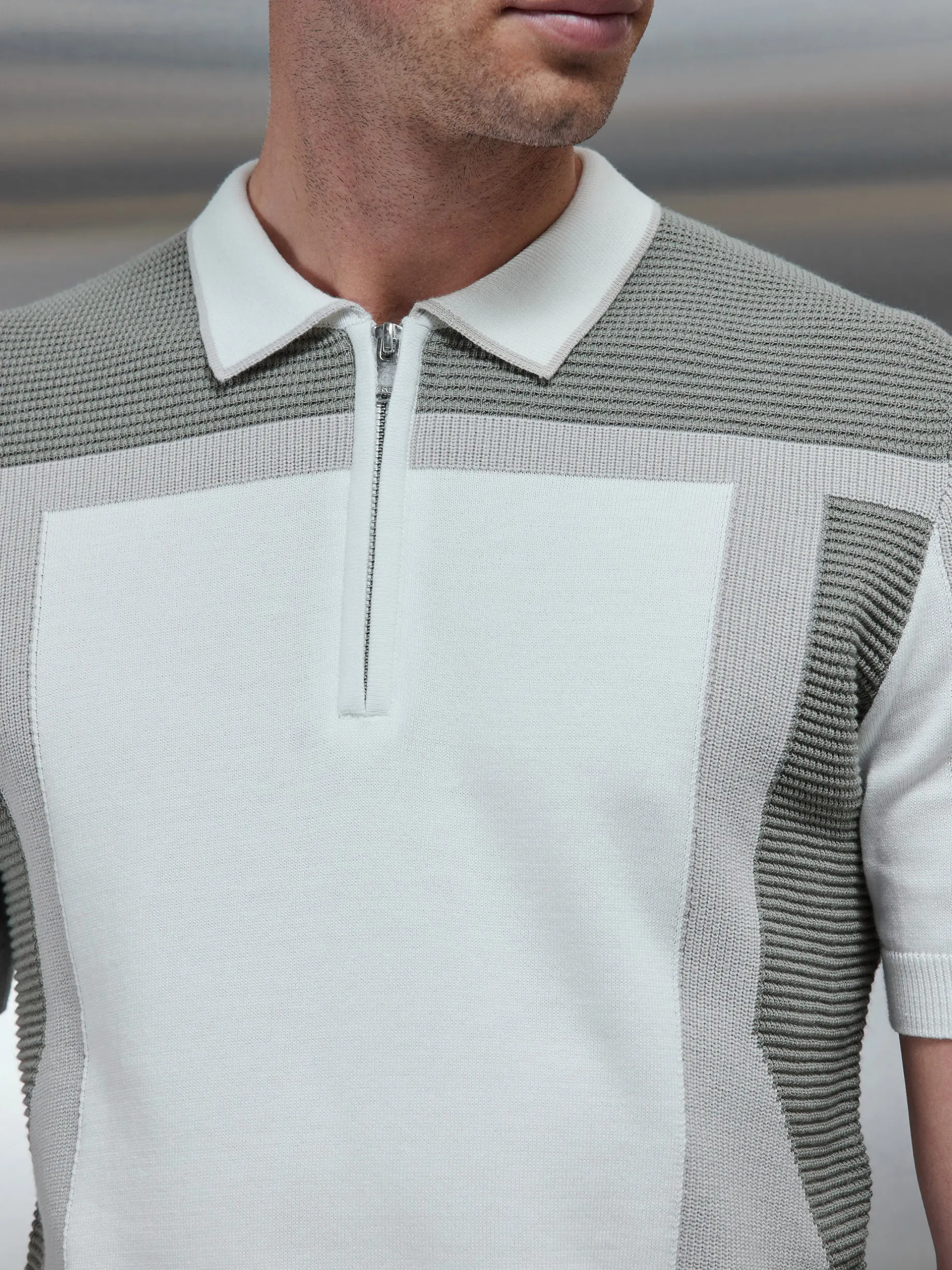 Panel Colour Block Knitted Zip Polo Shirt - Sage