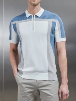 Panel Colour Block Knitted Zip Polo Shirt - Dove Blue