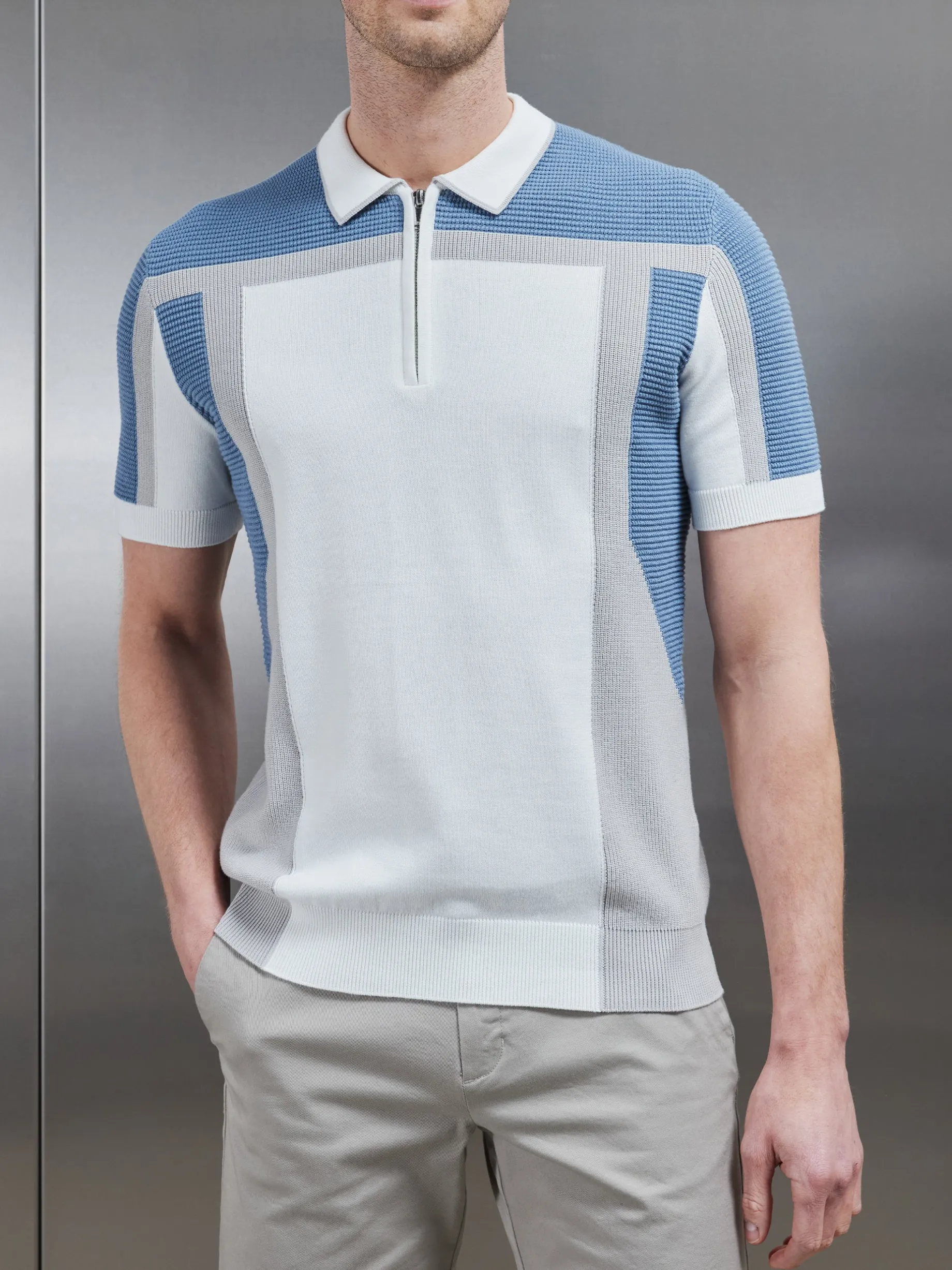 Panel Colour Block Knitted Zip Polo Shirt - Dove Blue