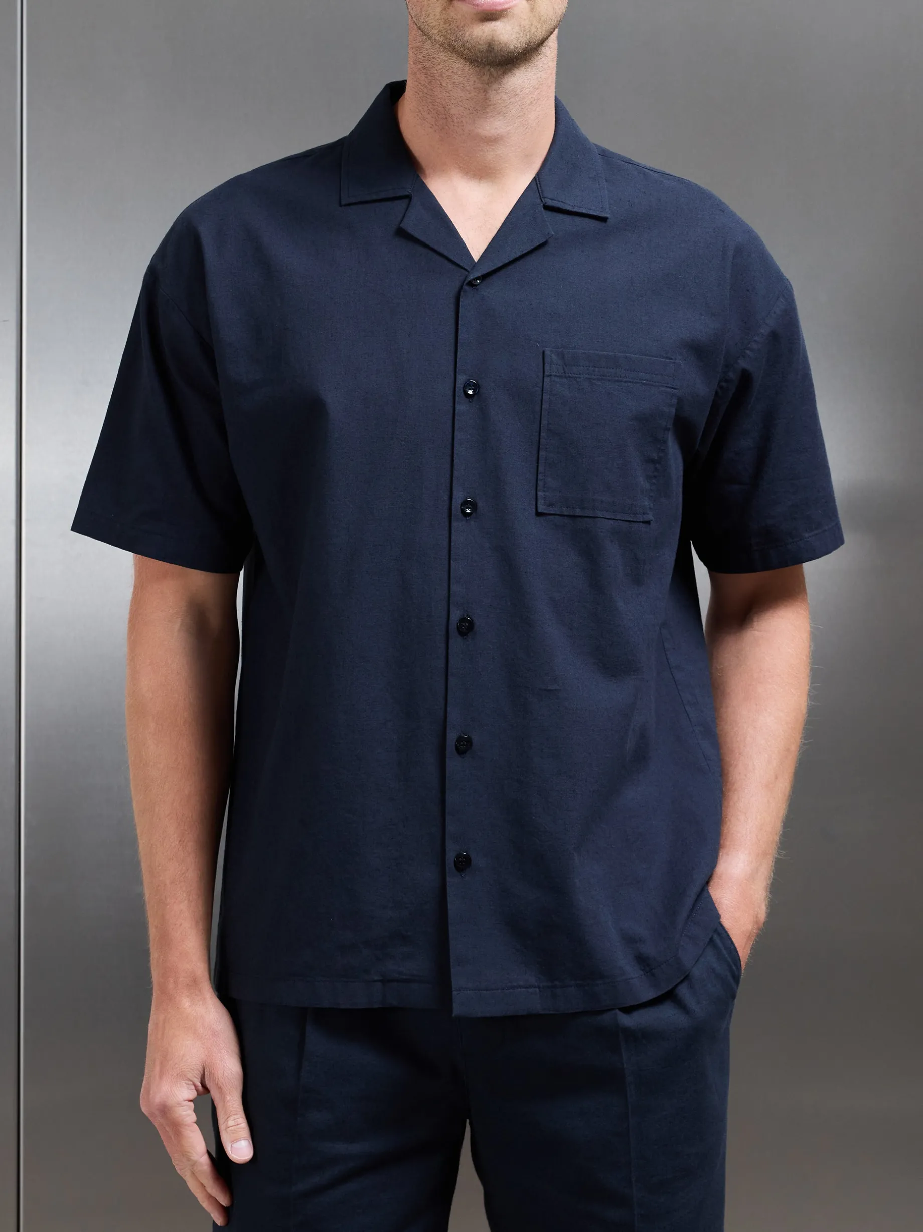 Relaxed Cotton Linen Revere Collar Shirt - Navy