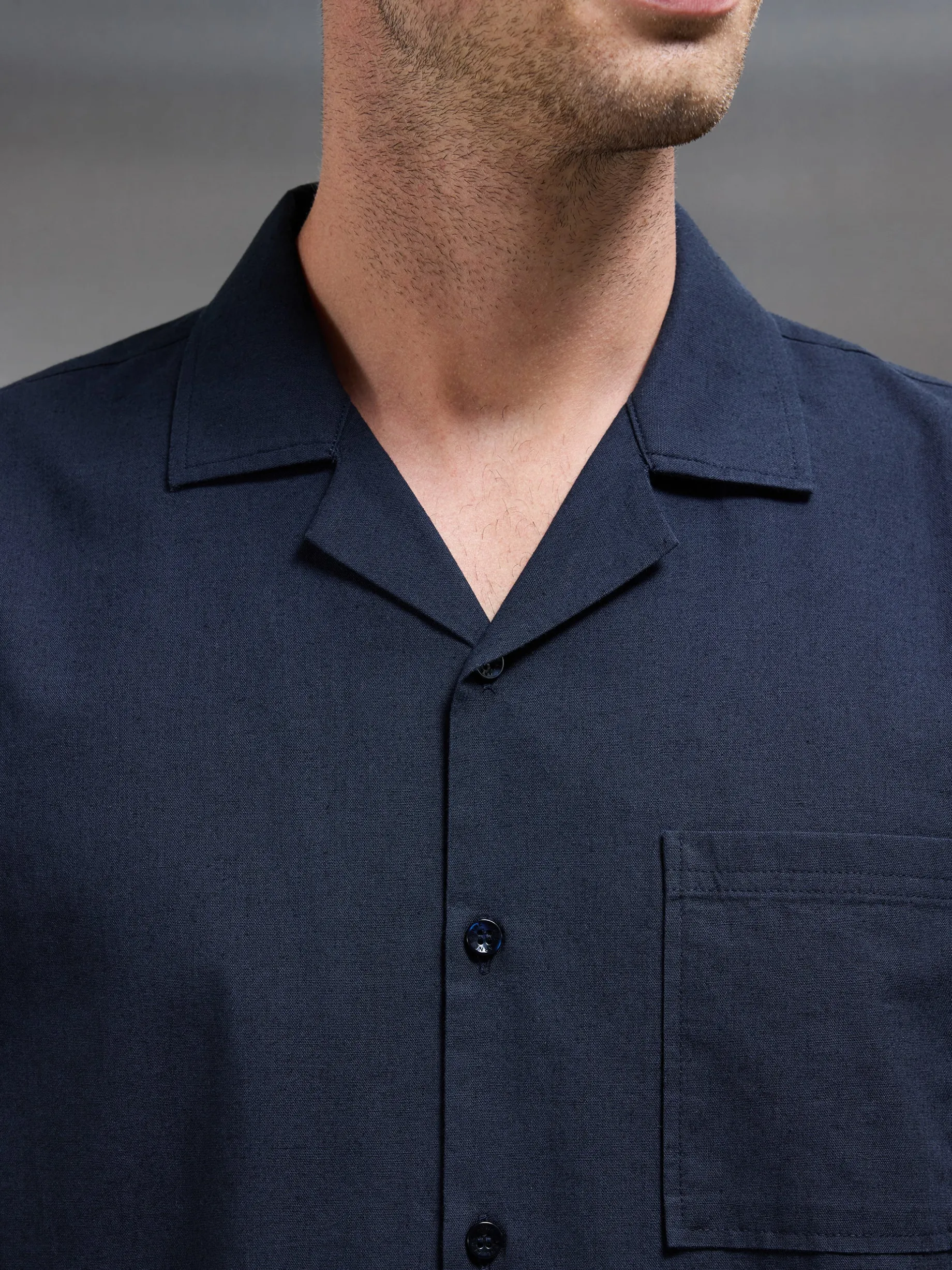 Relaxed Cotton Linen Revere Collar Shirt - Navy