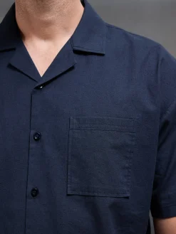 Relaxed Cotton Linen Revere Collar Shirt - Navy