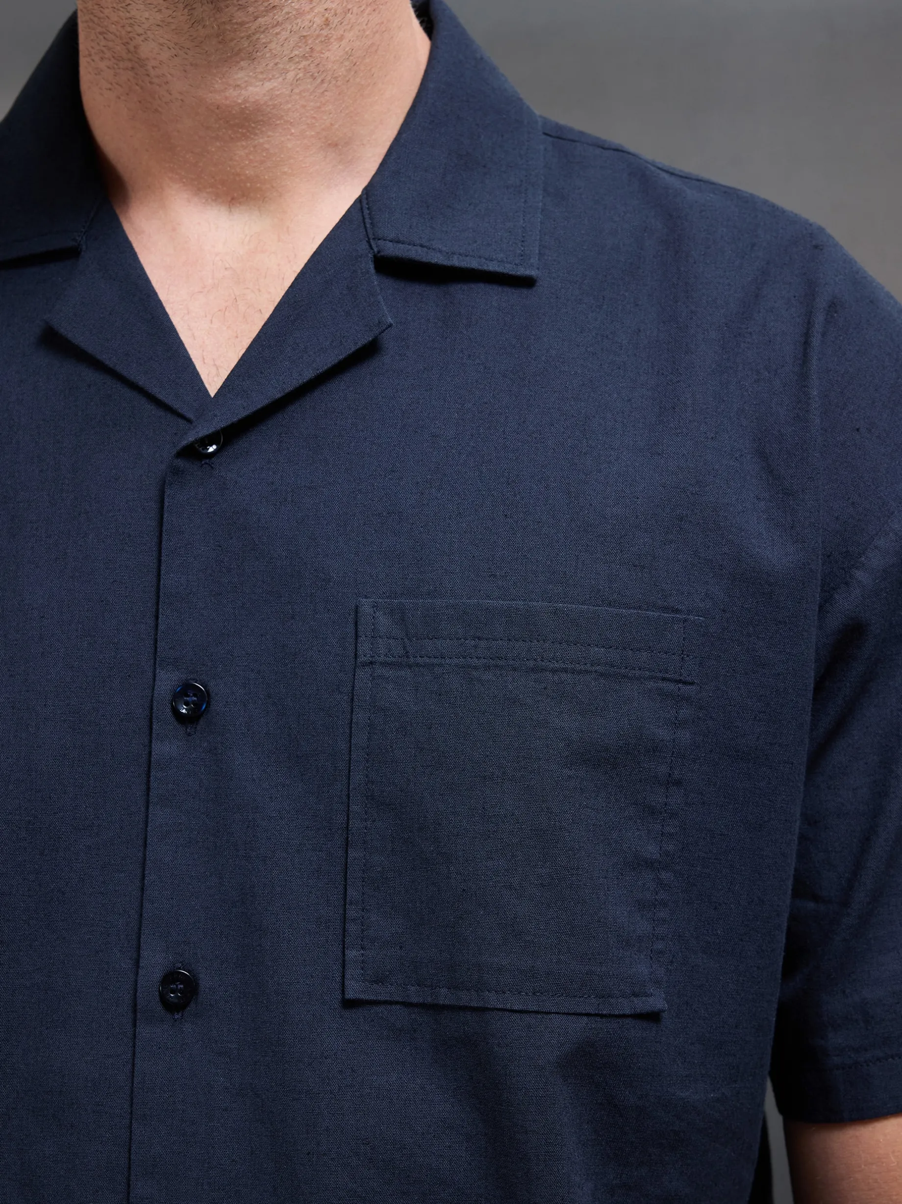 Relaxed Cotton Linen Revere Collar Shirt - Navy