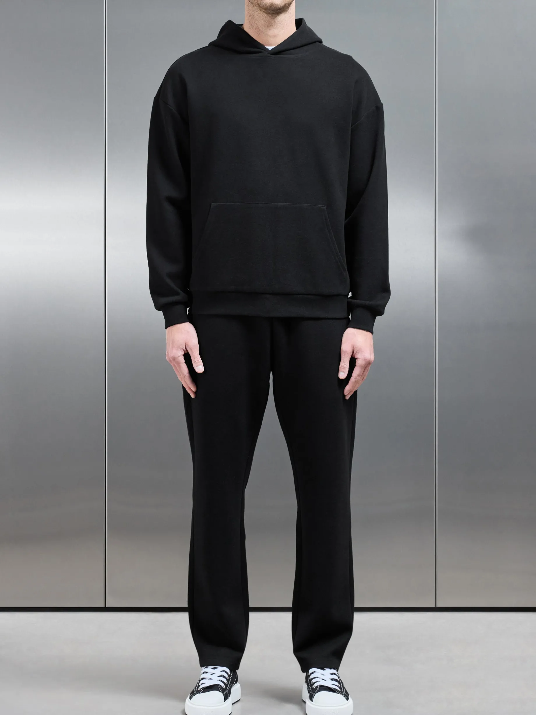 Relaxed Fit Knitted Hoodie - Black