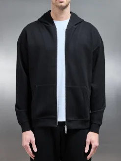 Relaxed Fit Knitted Zip Through Hoodie - Black