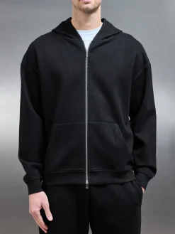 Relaxed Fit Knitted Zip Through Hoodie - Black