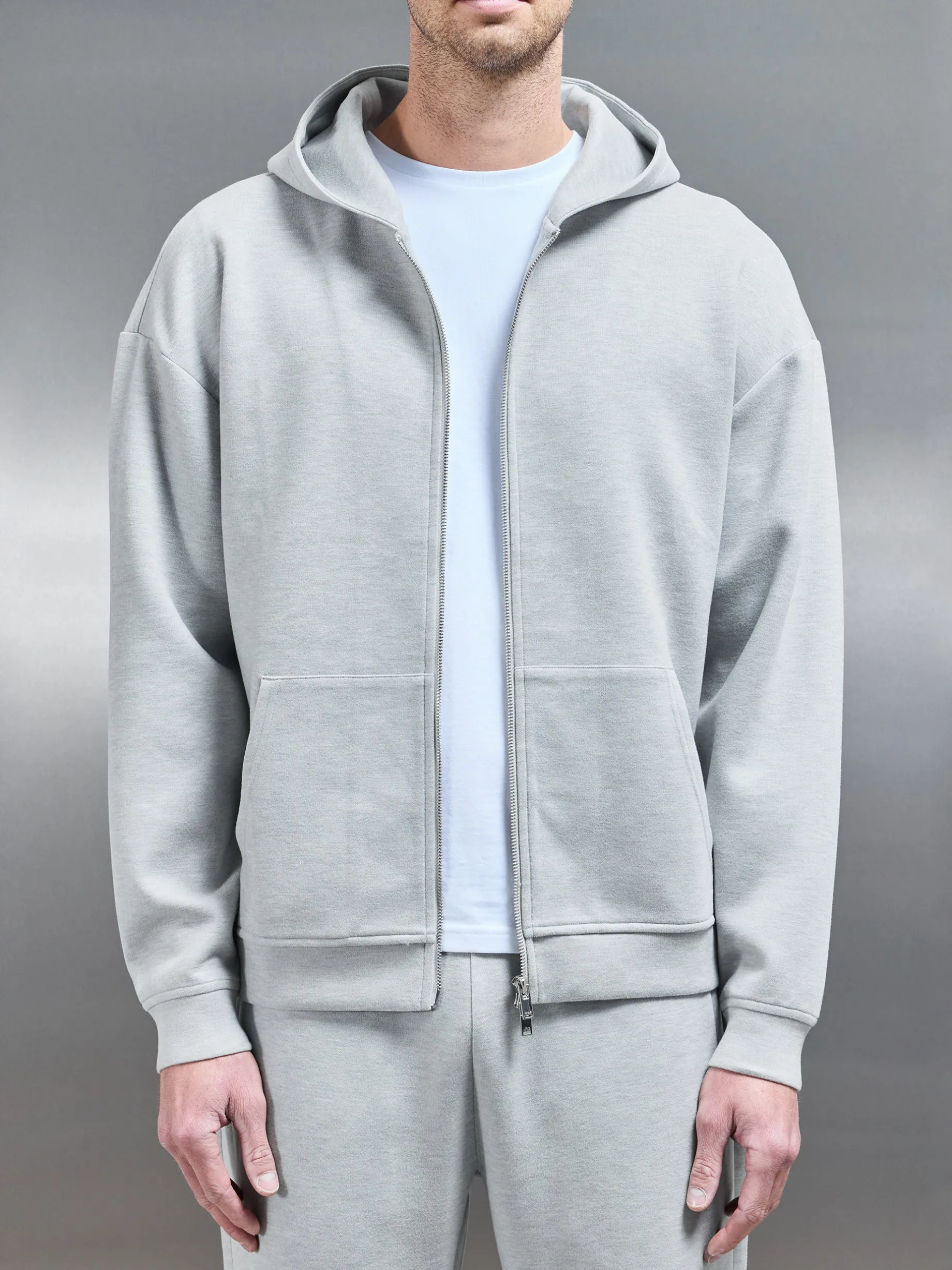 Relaxed Fit Knitted Zip Through Hoodie - Marl Grey